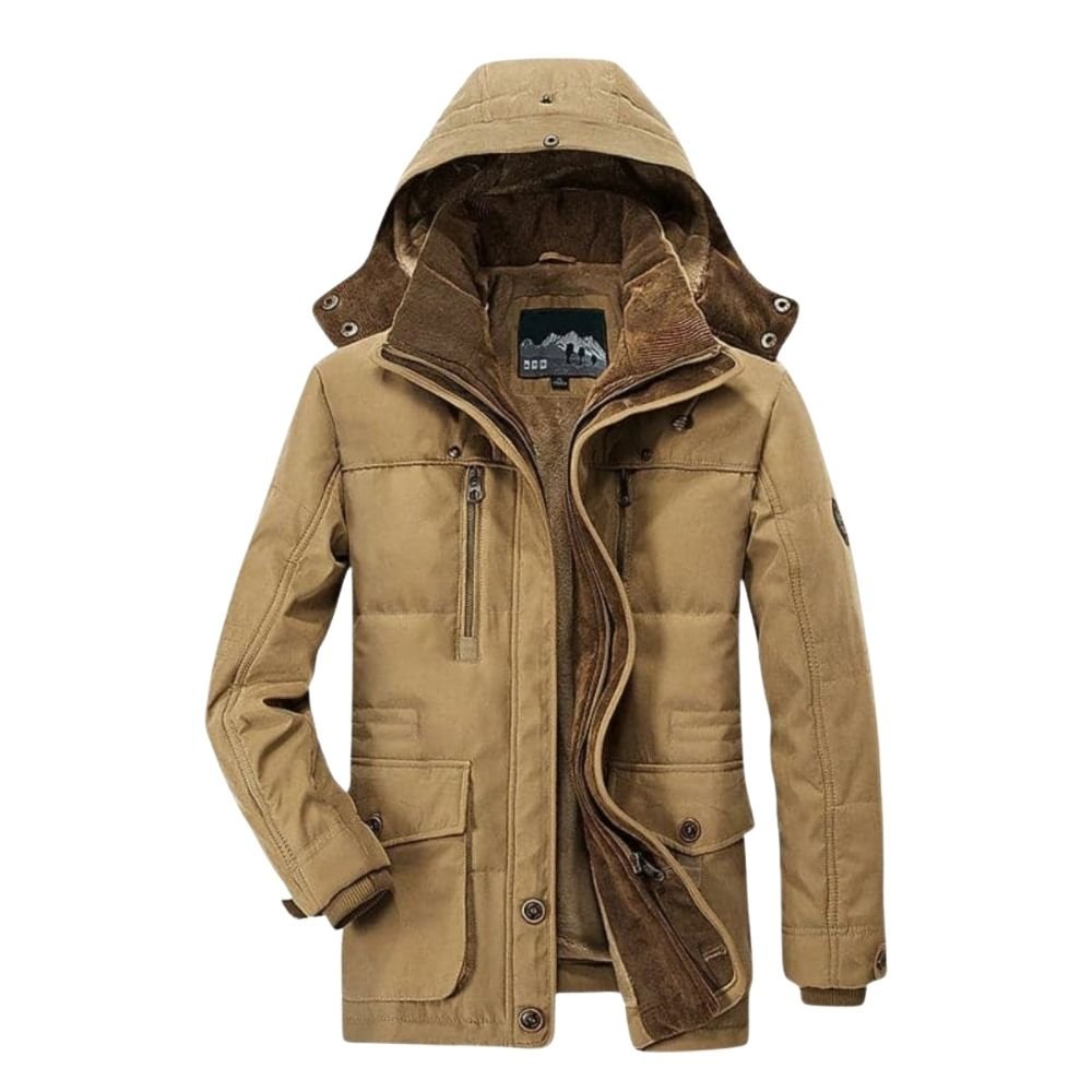 Unzipped studio product shot of the Kouvr Fashion men's winter parka, displaying the interior sherpa lining, zippers, and layered collar.
