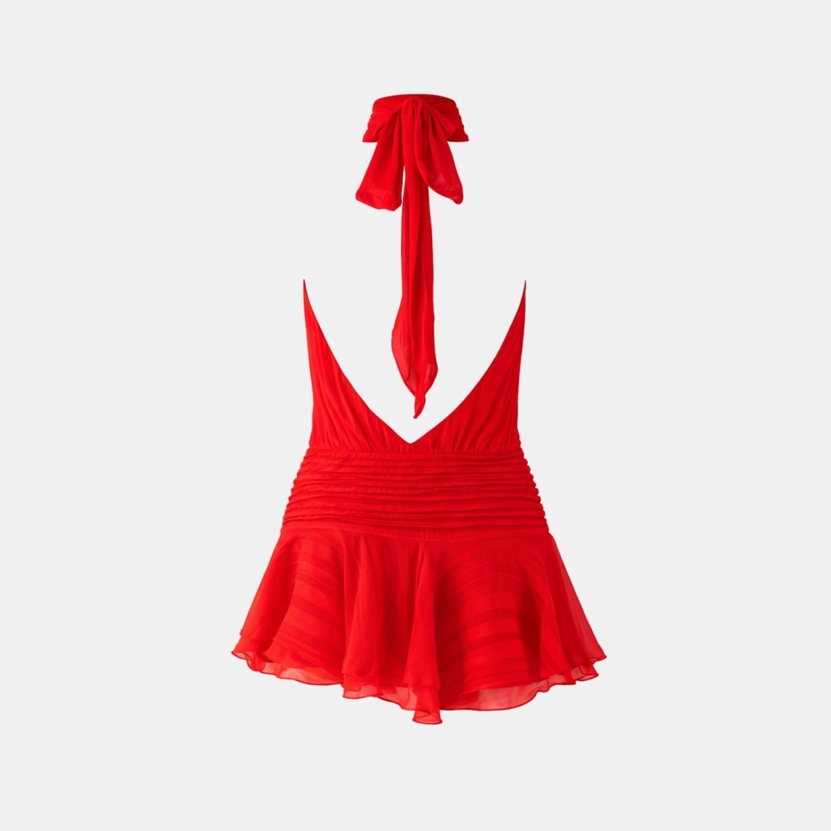 Product shot of the back of the red Hope mini dress, displaying the open-back cut and long necktie.