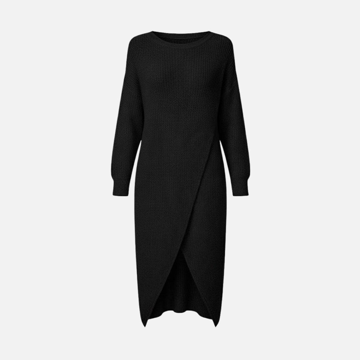 Product shot of the Kouvr Fashion black knit wrap dress laid flat, showcasing the crewneck and asymmetrical front design.