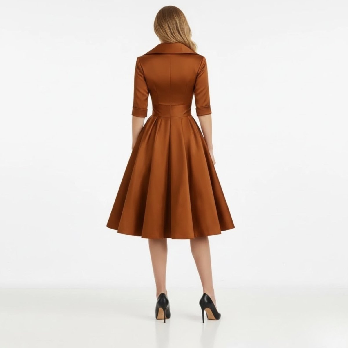 Back view of a model wearing the Kouvr Fashion jenner brown midi dress, highlighting the shawl collar and fitted waist.