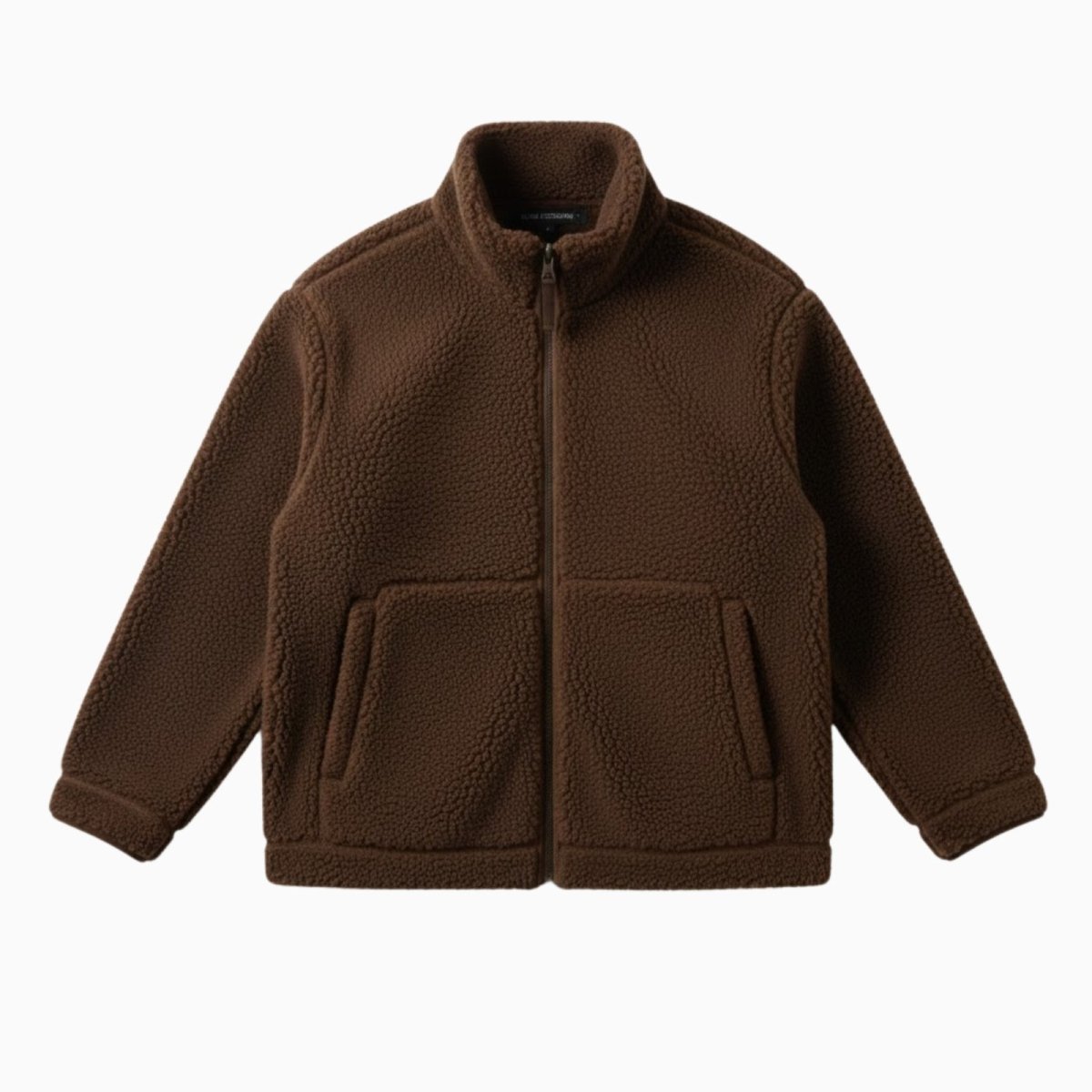 Flat lay product photo of the Kouvr Fashion Julie Sherpa Jacket in dark brown, showing the full-zip front, high collar, and patch pockets.