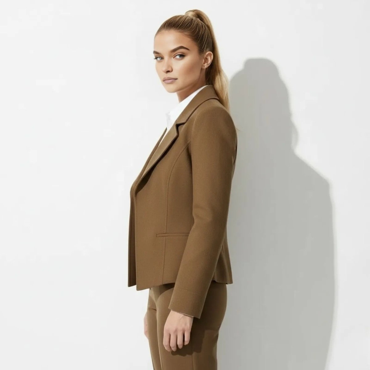 Side profile of a woman wearing the tailored Kouvr Fashion Kensington Sculpted Blazer, showcasing its fitted silhouette and structured shoulders.