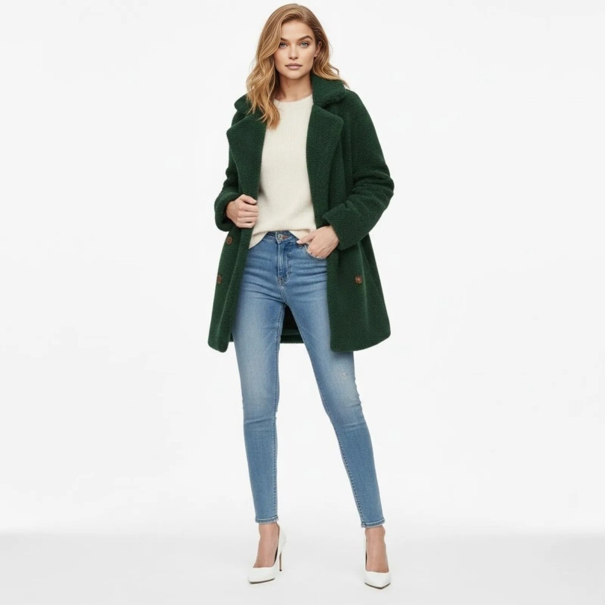 Model wearing the Kouvr Fashion Kianna green double-breasted teddy coat paired with a cream sweater, light-wash jeans, and white heels.