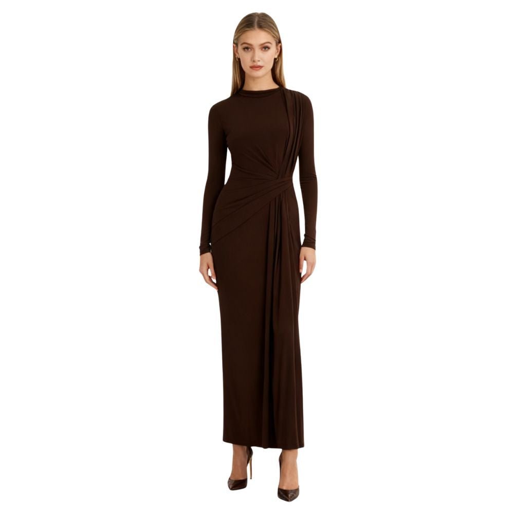 Kouvr Asymmetrical Draped Long Sleeve Dress Front View on Model