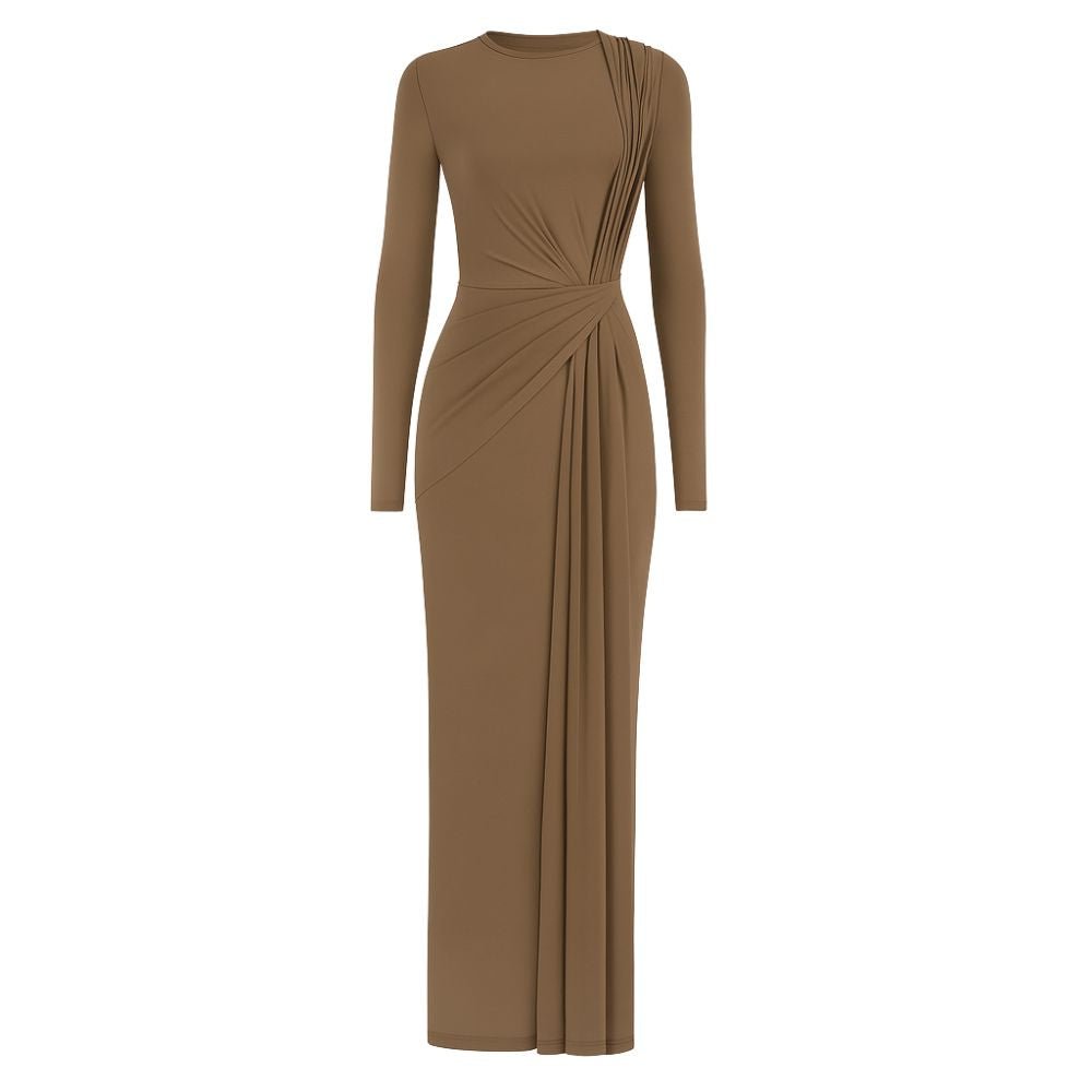 Kouvr Asymmetrical Draped Long Sleeve Dress Front View on Model
