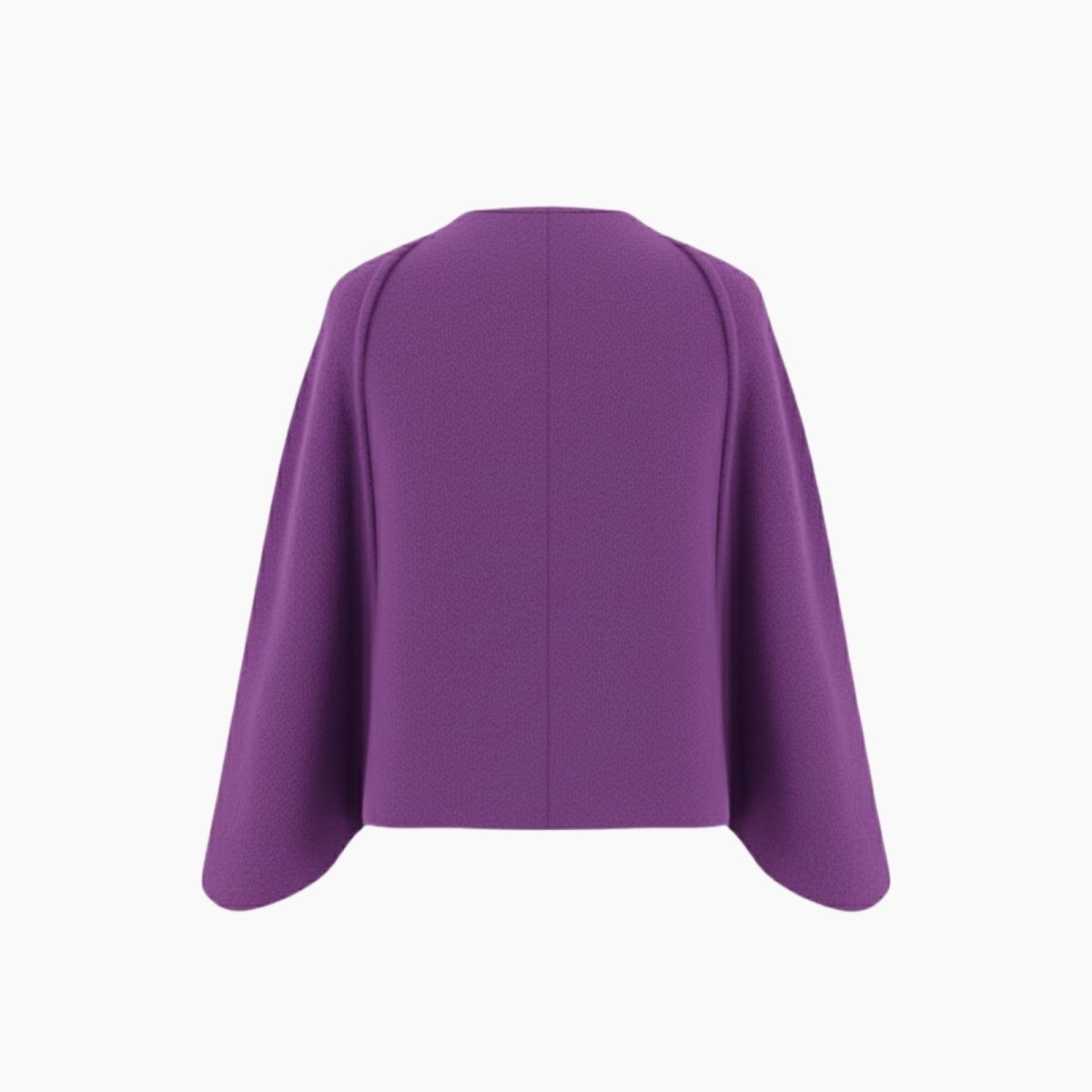 Product-only ghost mannequin shot of the Kouvr Fashion Laverne purple structured cape jacket, back view, showing the center seam detail.