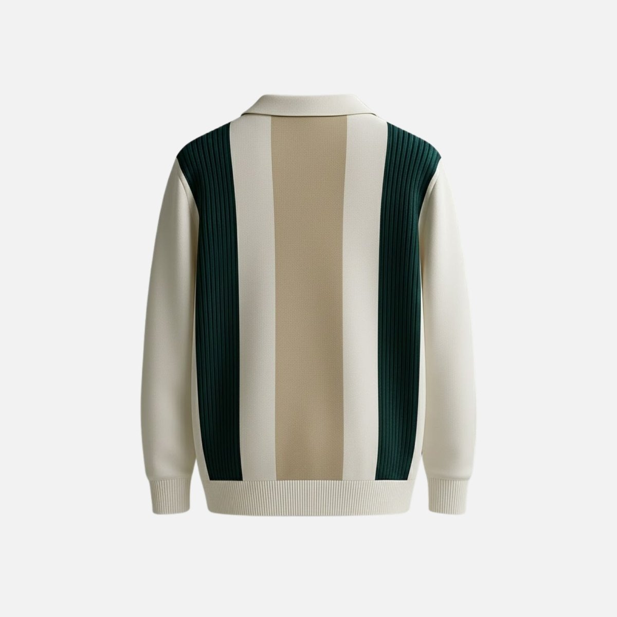Flatlay of the back of the Kouvr Fashion Leandro white, green, and beige striped knit polo, showing the full design details.