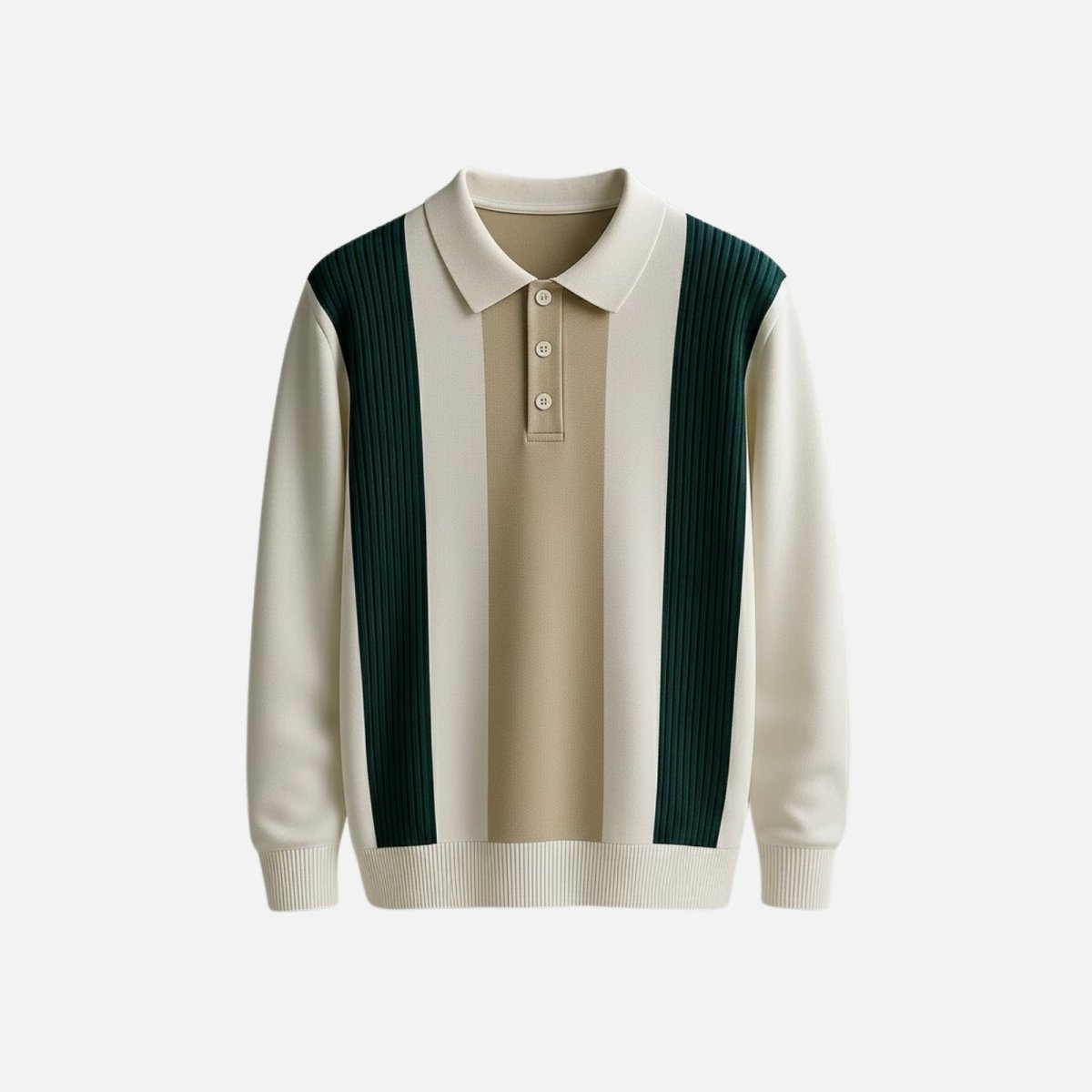 Product shot of the Kouvr Fashion Leandro long sleeve knit polo sweater with three-button placket laid flat on a white background.