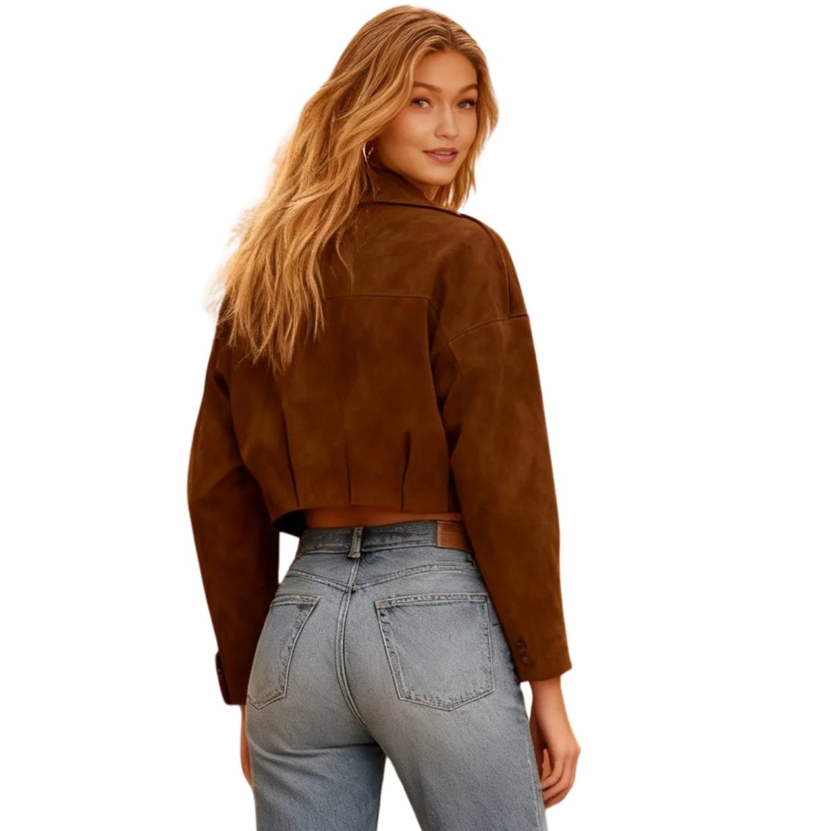 Kouvr Fashion cropped suede Keilani jacket in espresso brown.