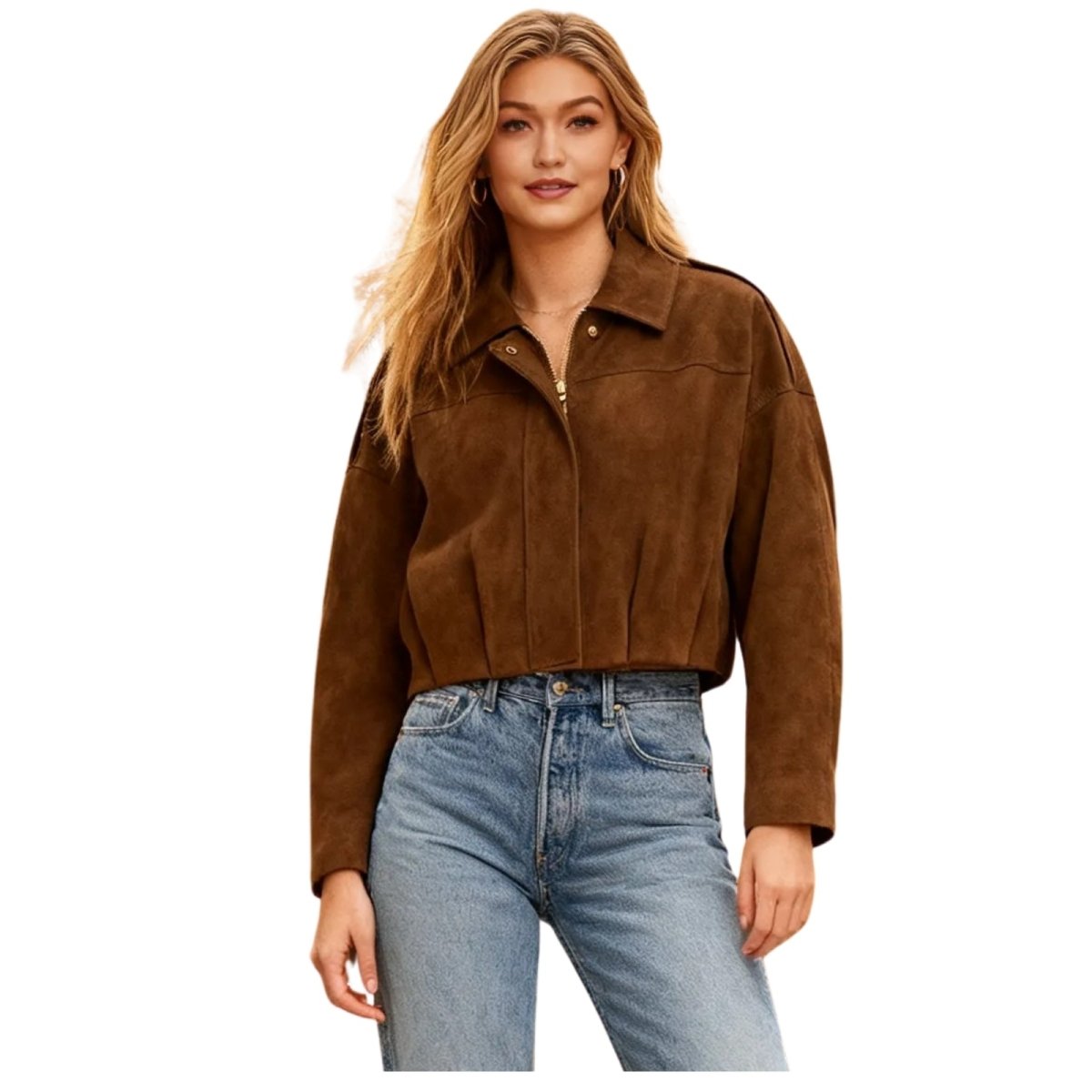 Kouvr Fashion cropped suede Keilani jacket in espresso brown.