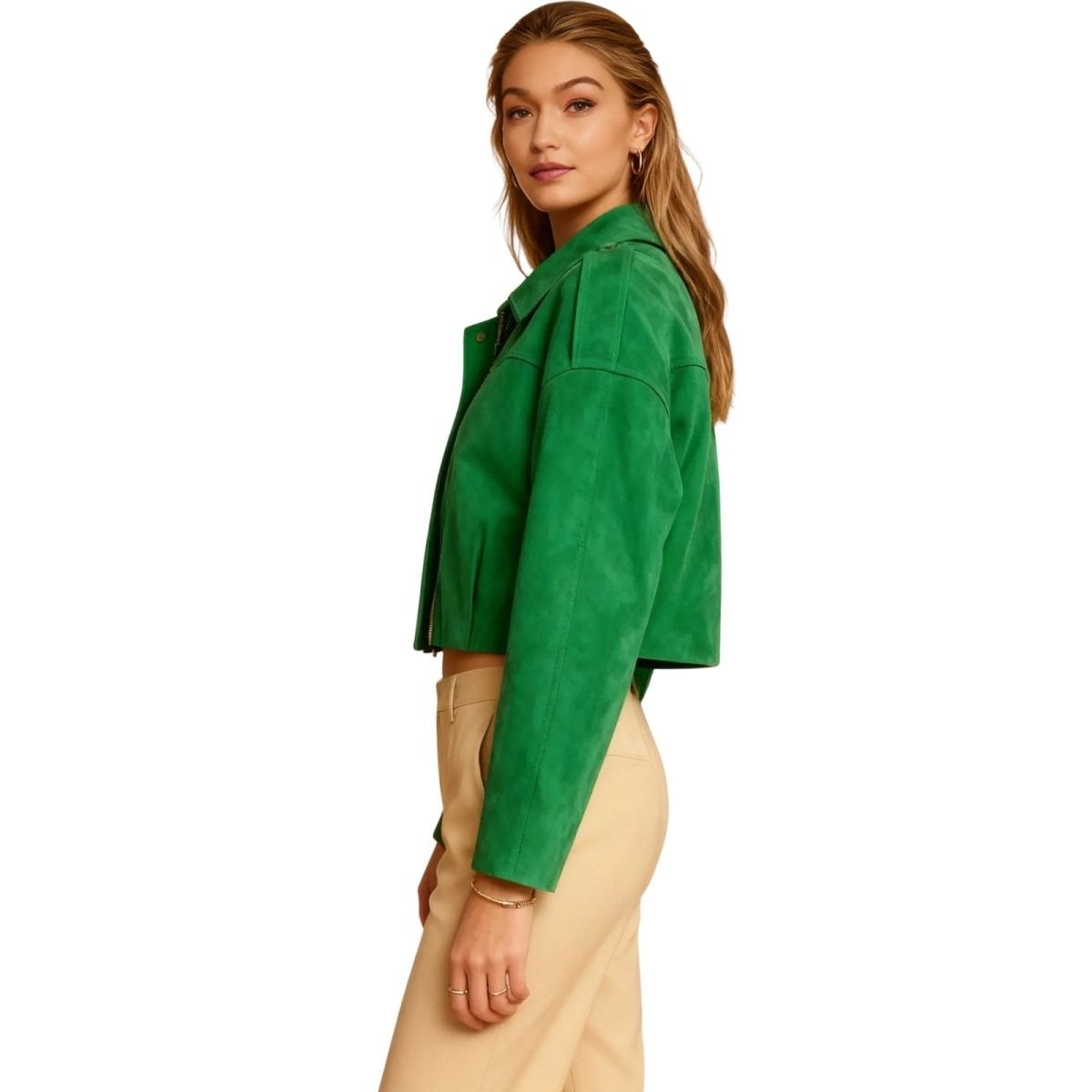 Kouvr Fashion cropped suede Keilani jacket in Green.