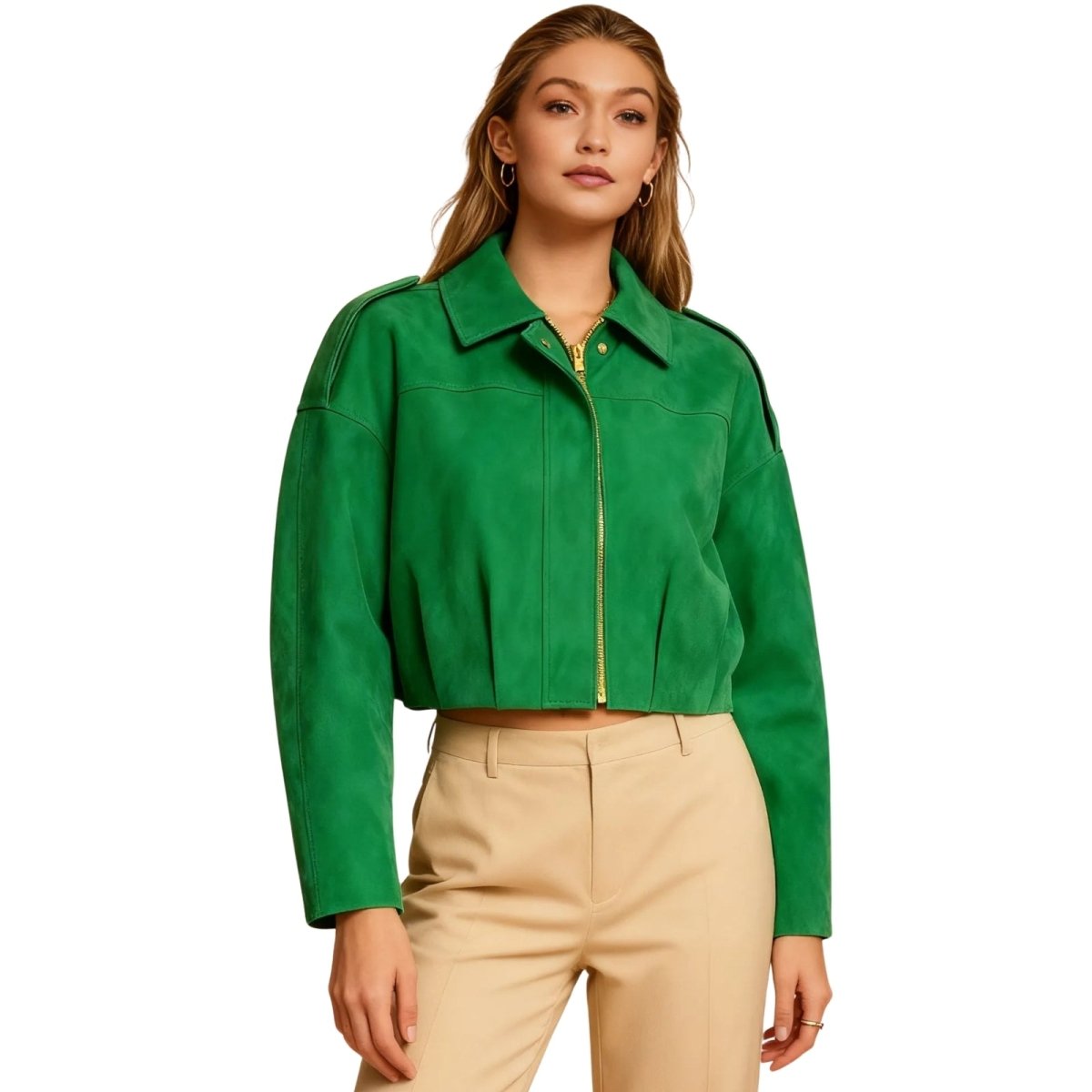 Kouvr Fashion cropped suede Keilani jacket in Green.