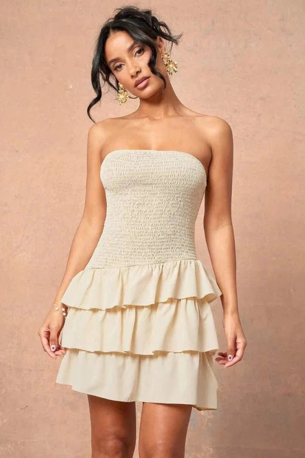 Strapless Smocked Tiered Ruffle Mini Dress | Summer Vacation & Party Bandeau Dress