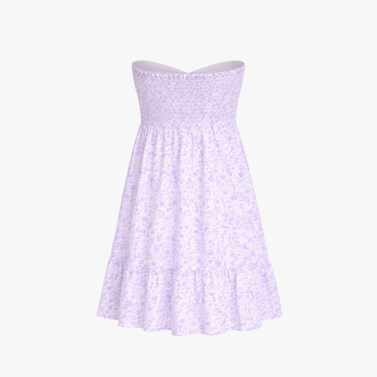Product flat lay of the back of a lilac floral mini dress, detailing the elasticated smocked bodice.
