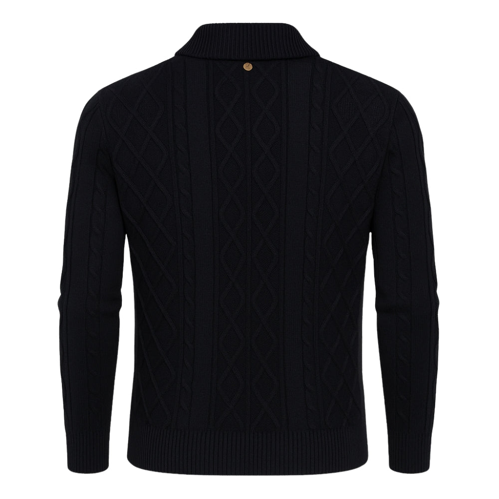 Black kouvr cable knit sweater on a white background