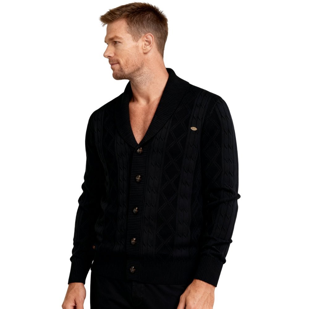 Man wearing a black kouvr cardigan on a white background