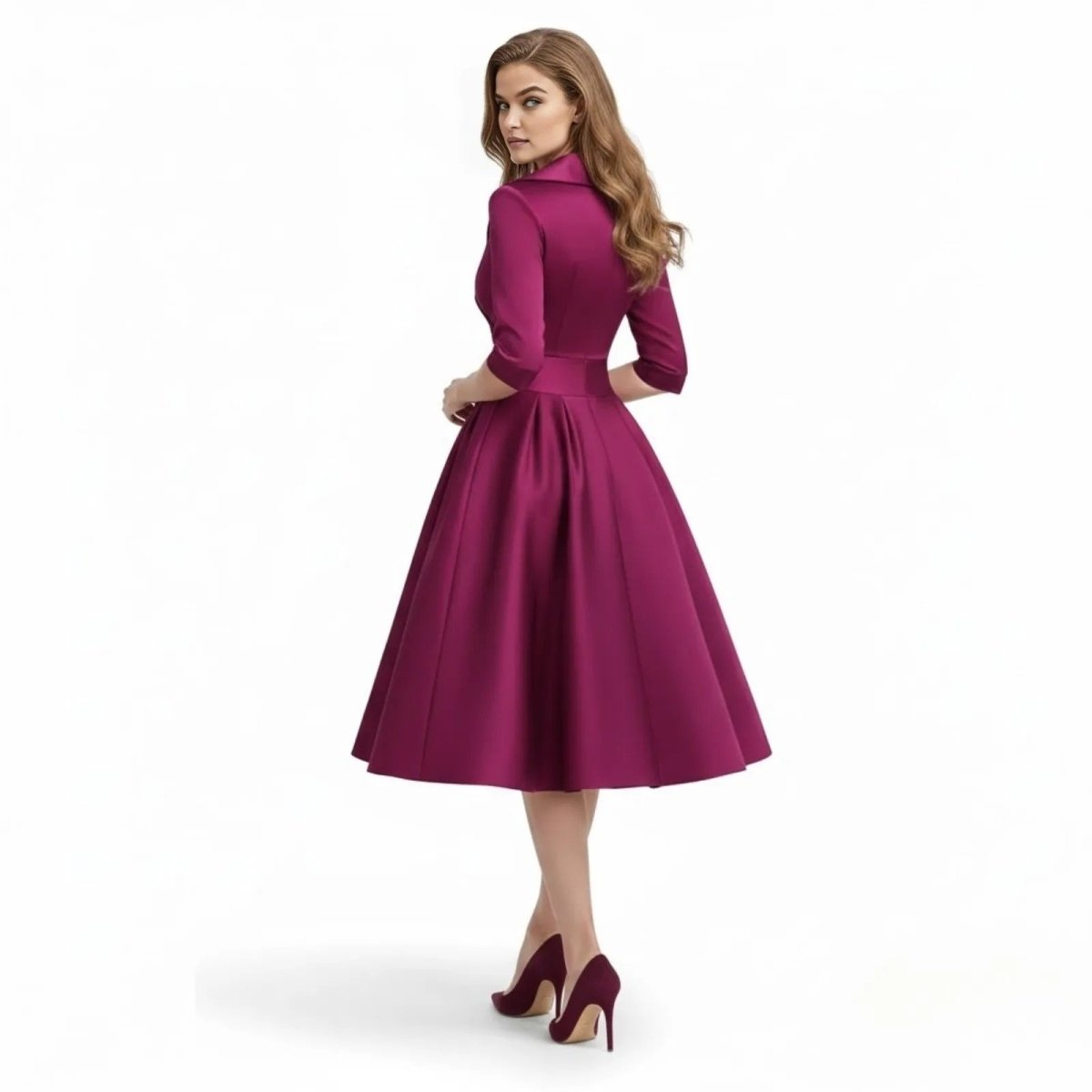 Model looking over her shoulder in the Kouvr Fashion magenta formal midi dress, highlighting the structured back and collar detail.
