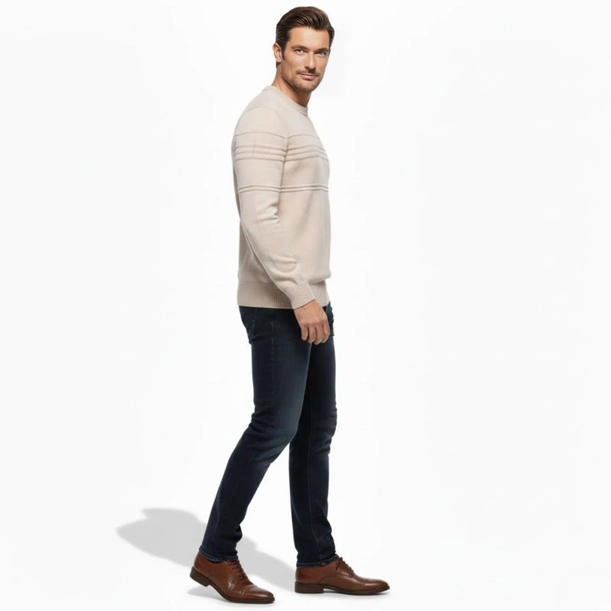 Side profile of a man wearing the Kouvr Fashion slim fit apricot knit pullover, showing the moto-style sleeve detail.