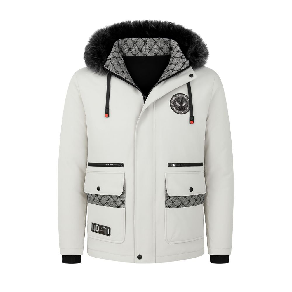 White kouvr winter jacket with fur-lined hood on a white background