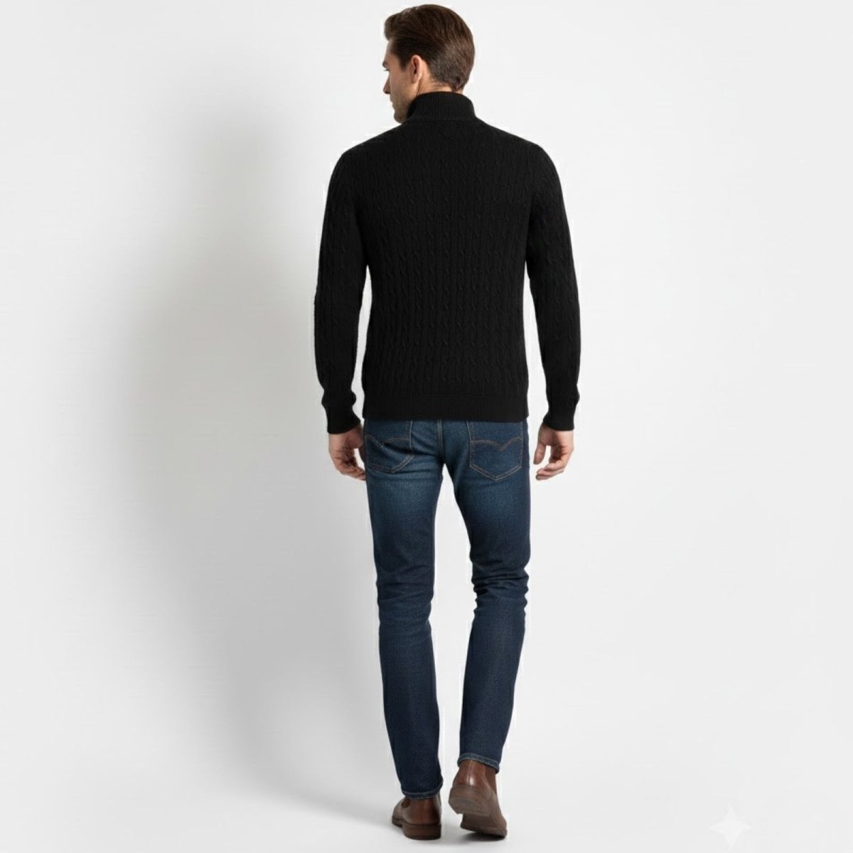 Rear view of a man in the Kouvr Fashion black cable-knit half-zip sweater, displaying the full back knit pattern and classic fit.
