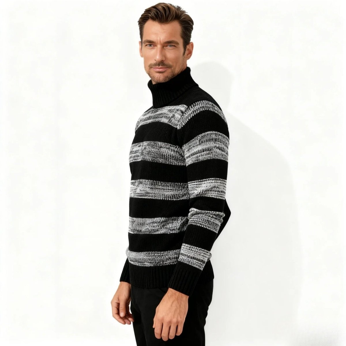 kouvr-fashion-mens-black-grey-striped-turtleneck-sweater-side.jpg
Image 2 ALT Text: Side profile of a man in a slim fit black and grey striped roll neck sweater by Kouvr Fashion.