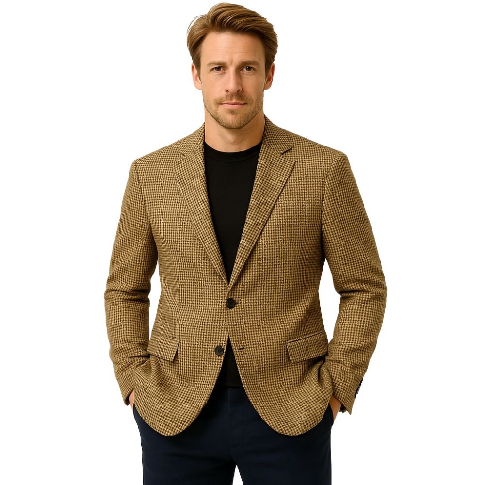 Model wearing Kouvr Fashion brown and black houndstooth blazer with black trousers