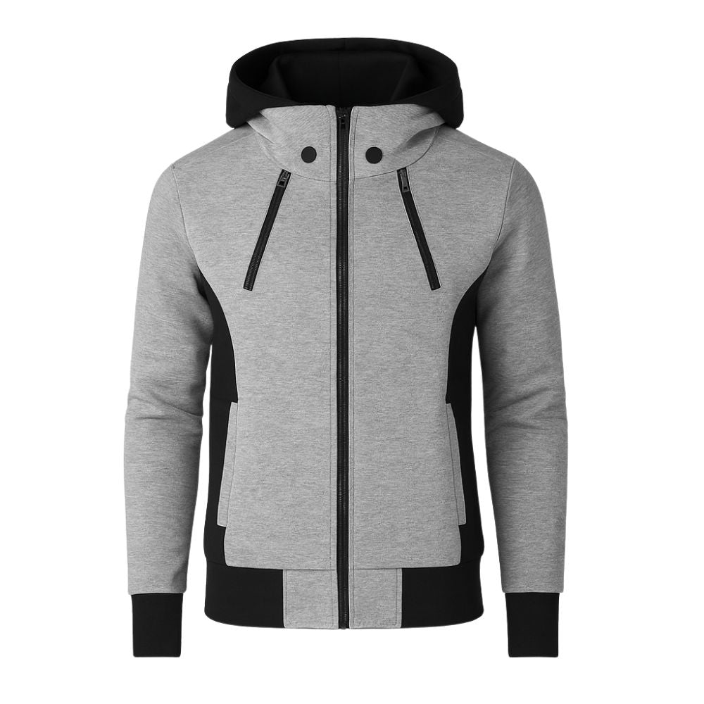 Gray hoodie with black kouvr accents on a white background
