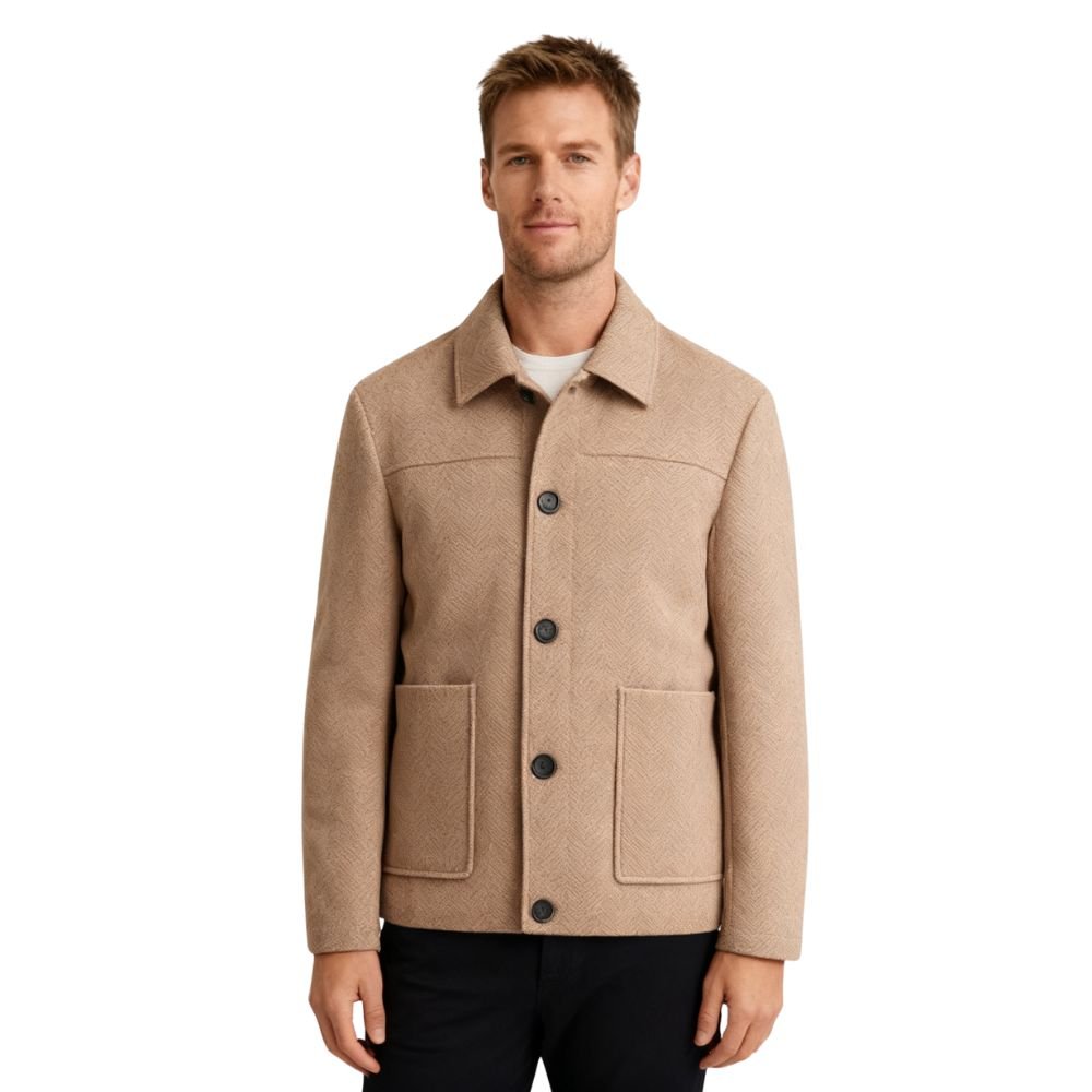 Man wearing a khaki kouvr jacket with black buttons on a white background