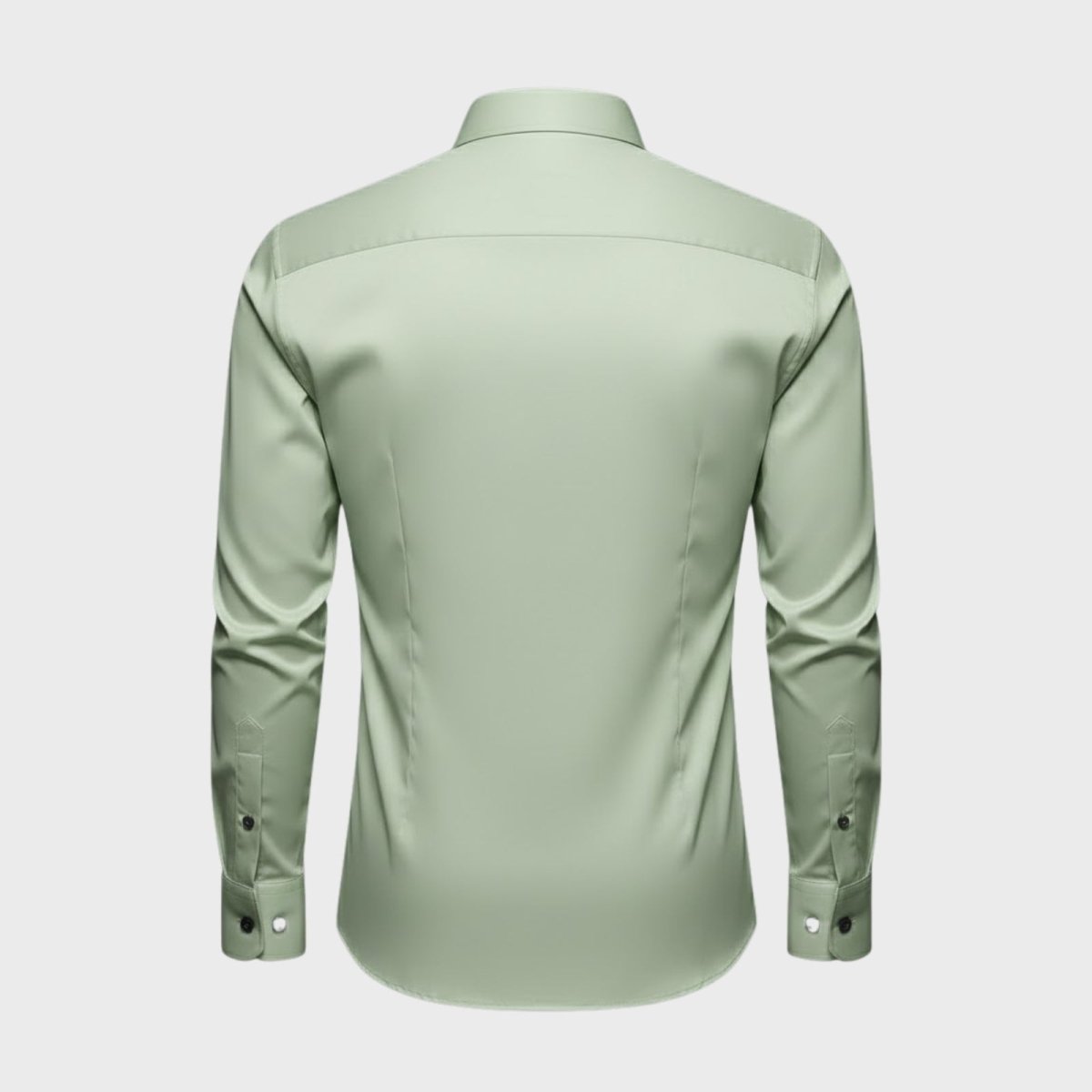 Back product shot of the Kouvr Fashion light green shirt, laid flat to detail the back yoke construction and slim-fit tailoring darts.