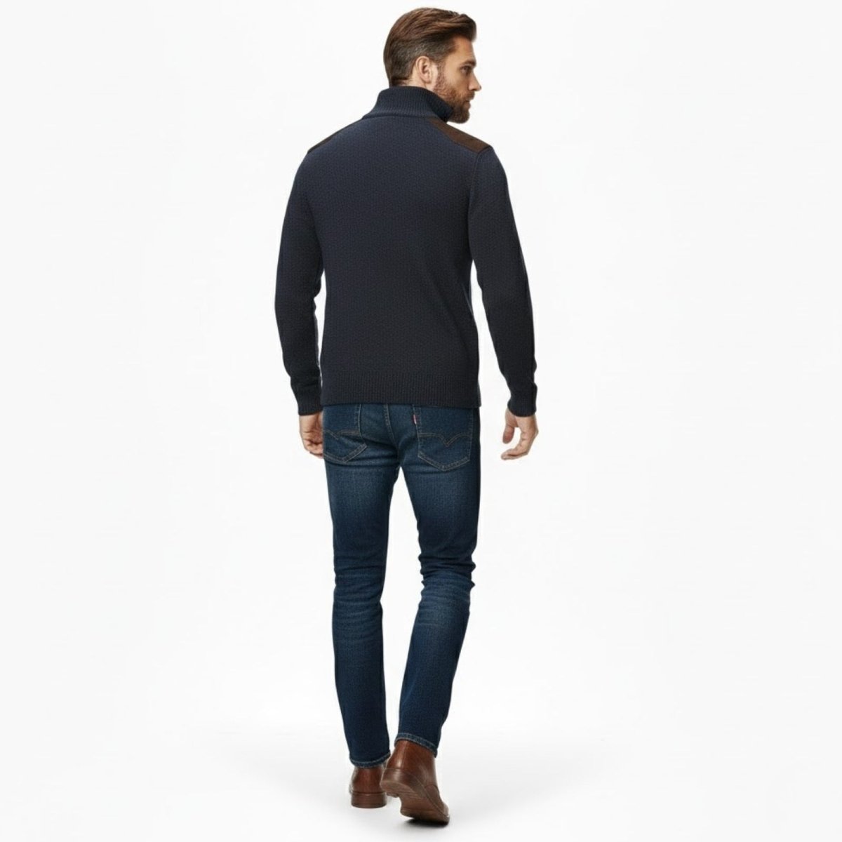 Back view of the Kouvr Fashion men's navy blue mock neck sweater, highlighting the dark contrast shoulder patch details.