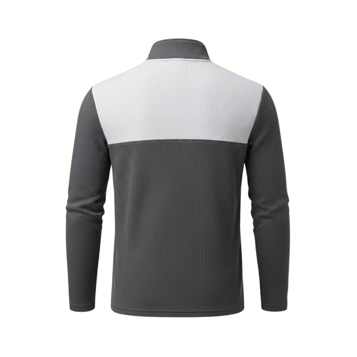 Rear product image of the Kouvr Fashion Men's Colorblock Quarter-Zip in charcoal and light grey.