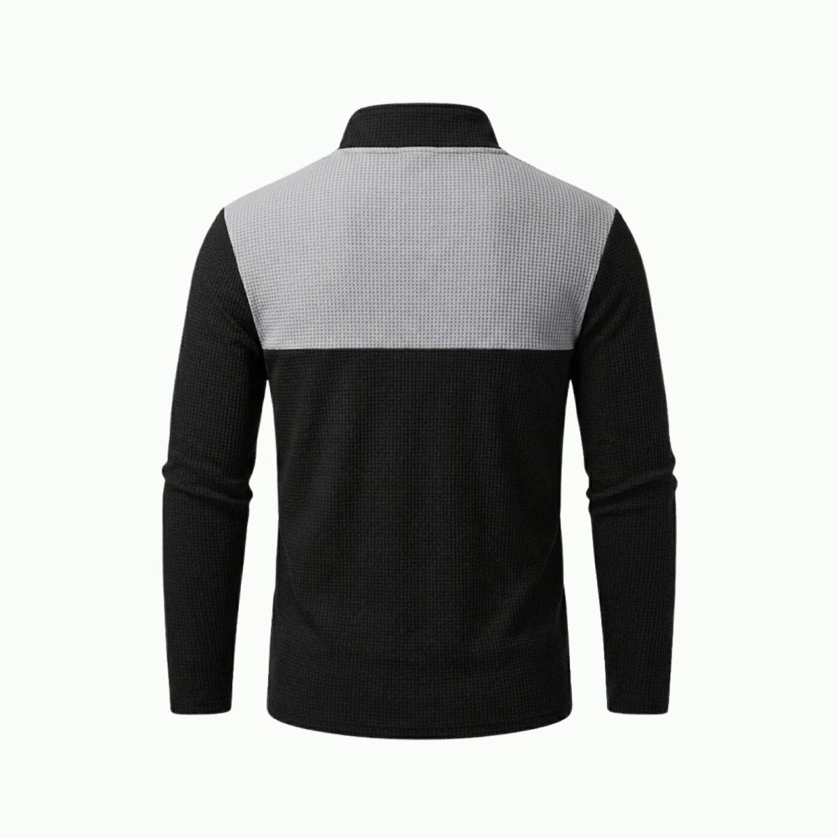 Product-only back view of the Kouvr Fashion men's long sleeve quarter-zip sweater, detailing the grey waffle knit upper panel.