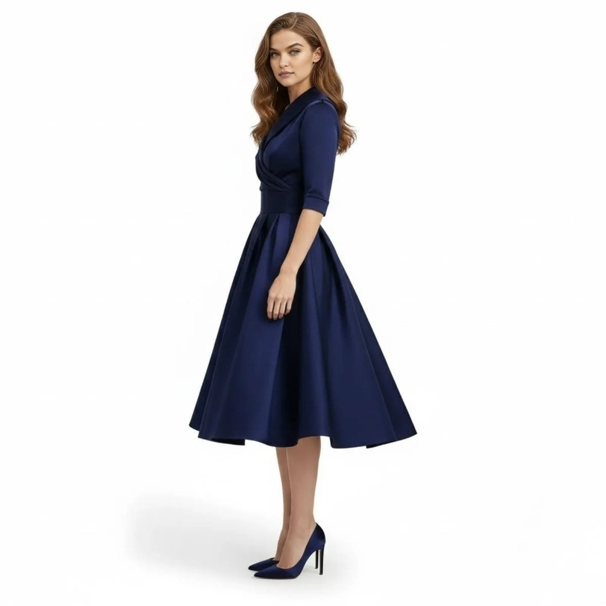 Side profile of a woman in an elegant navy blue A-line cocktail dress showing the full swing skirt and fitted waist.
