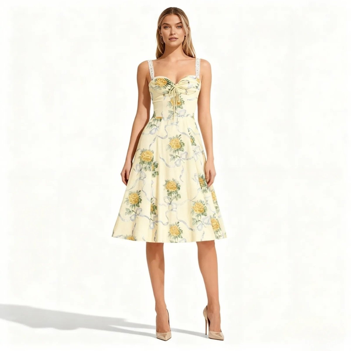 Woman wearing a light yellow floral dress on a white background
