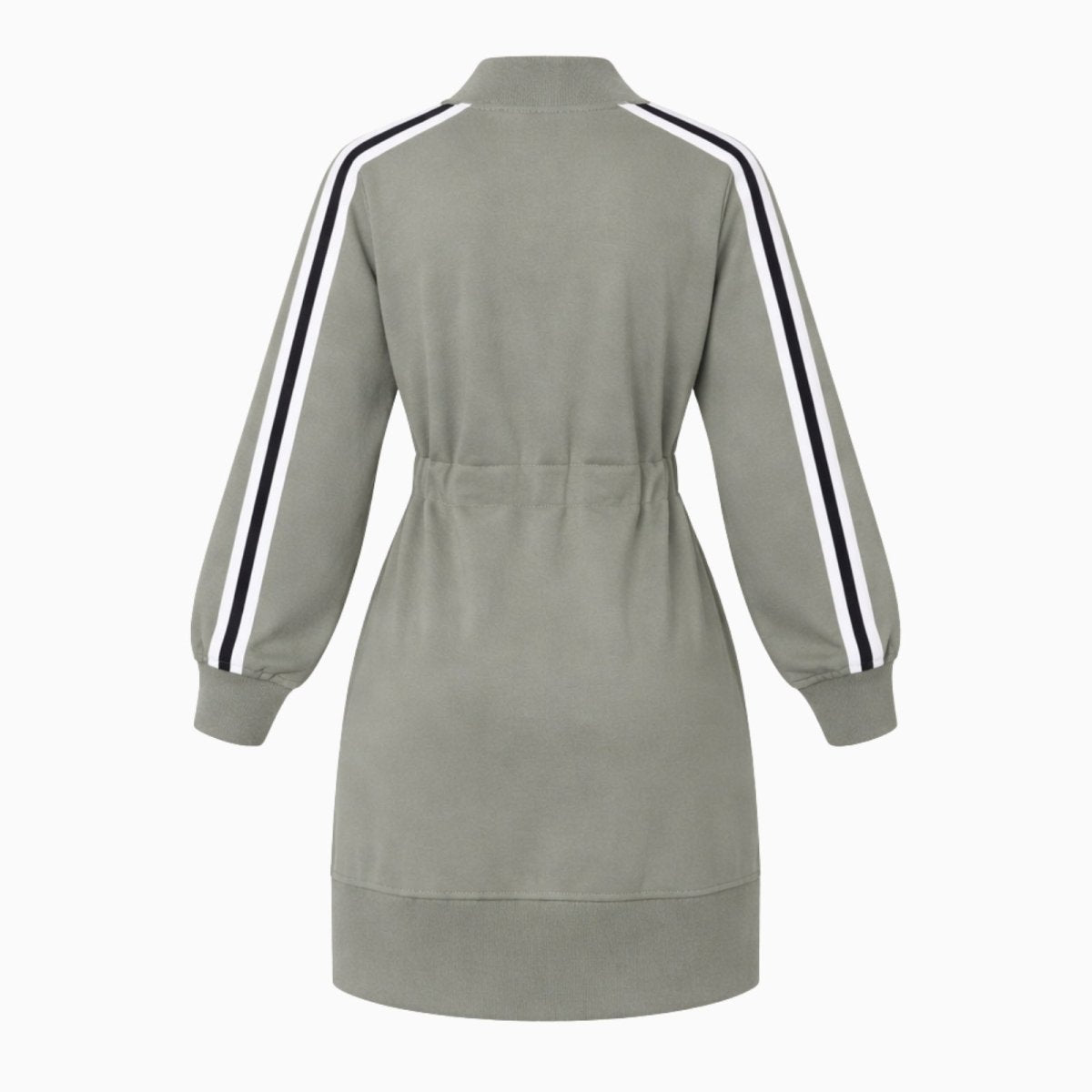 Flat lay photo of the back of the grey duster jacket, detailing the inner drawstring waist and full-length varsity sleeve stripes.