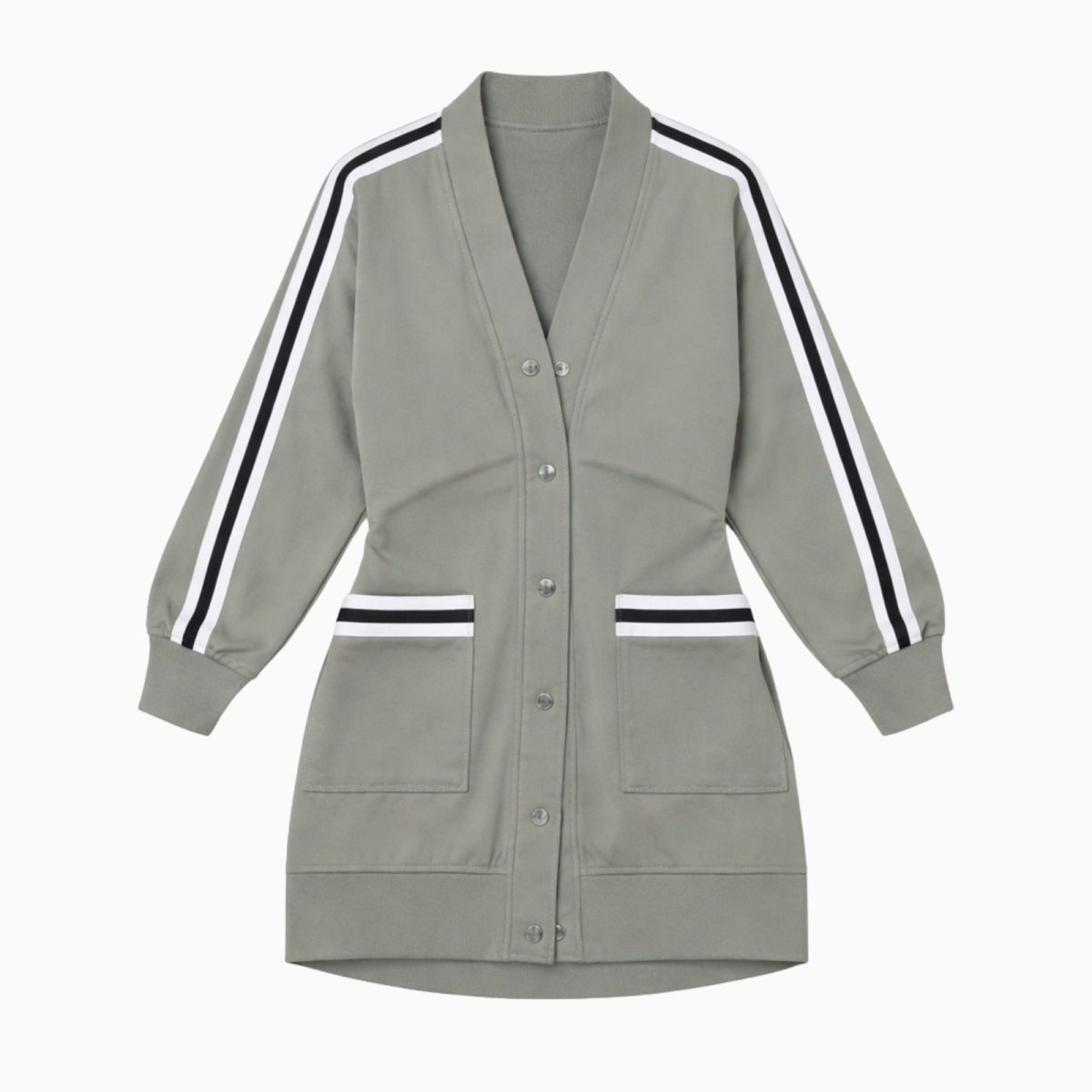 Flat lay photo of the front of the nely Ace Varsity Duster Jacket, showing the button details, V-neck, and striped pockets.