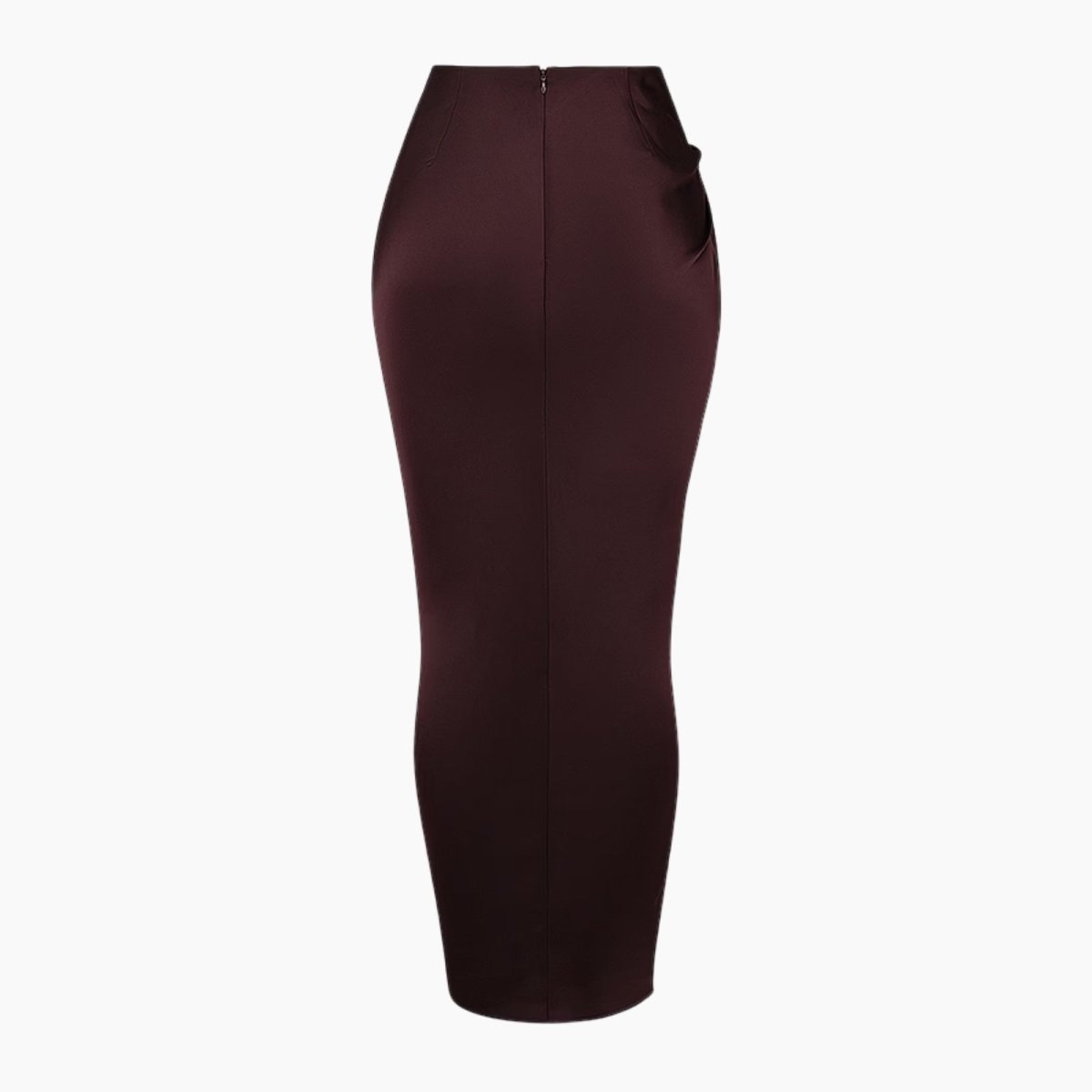 Product-only photo of the back of the Ourania satin trousers, showing the clean lines and concealed zipper detail.