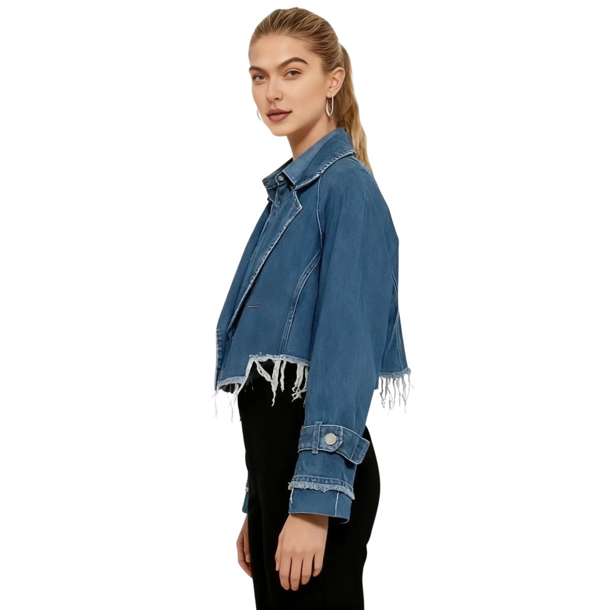 Woman wearing the oversized cropped trench denim jacket with black pants and a white kouvr tank top.