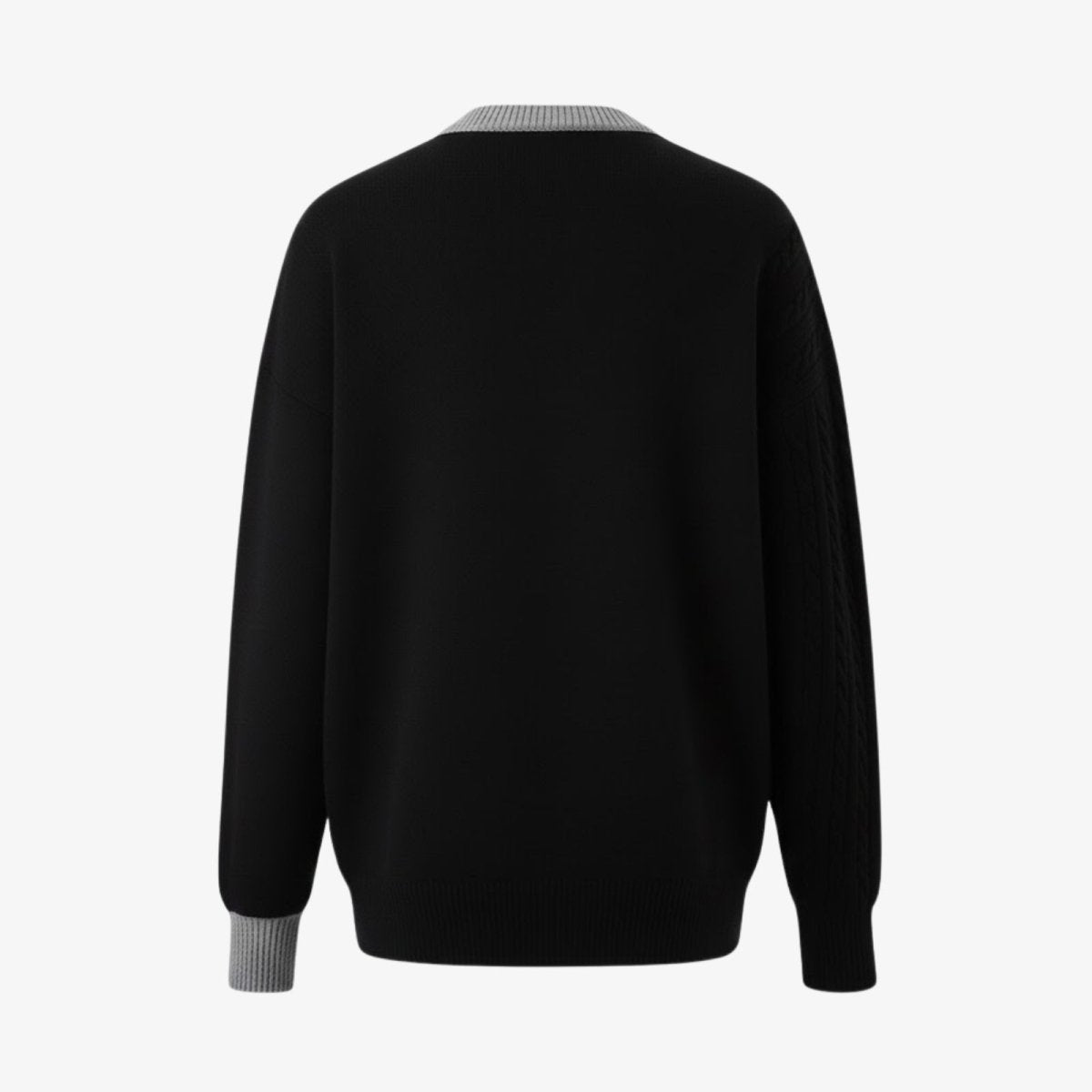 Product flatlay of the back of the Kouvr Fashion men's sweater, highlighting the clean black knit and grey cable knit shoulder panel.