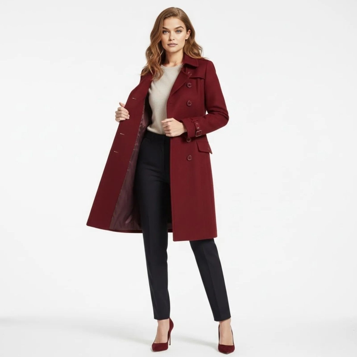 Woman wearing the Kouvr Fashion double-breasted wool trench coat in red, styled open with black trousers and a cream sweater.