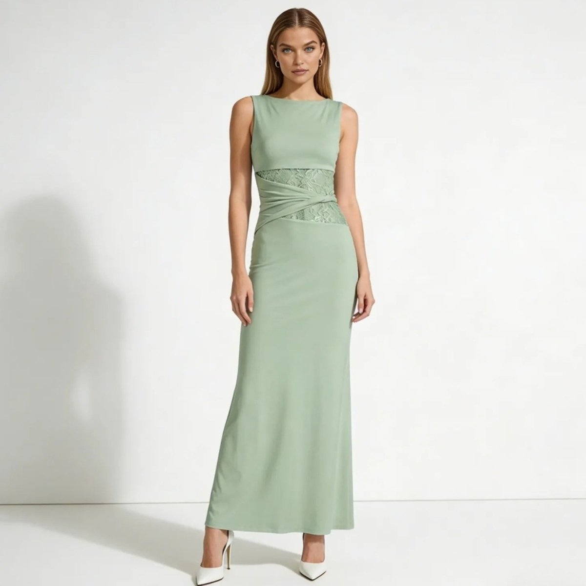 Lace Cutout Evening Gown | Sleeveless Boat Neck Formal Maxi Dress for Wedding Guest or Black Tie | Column Silhouette Floor Length Dress