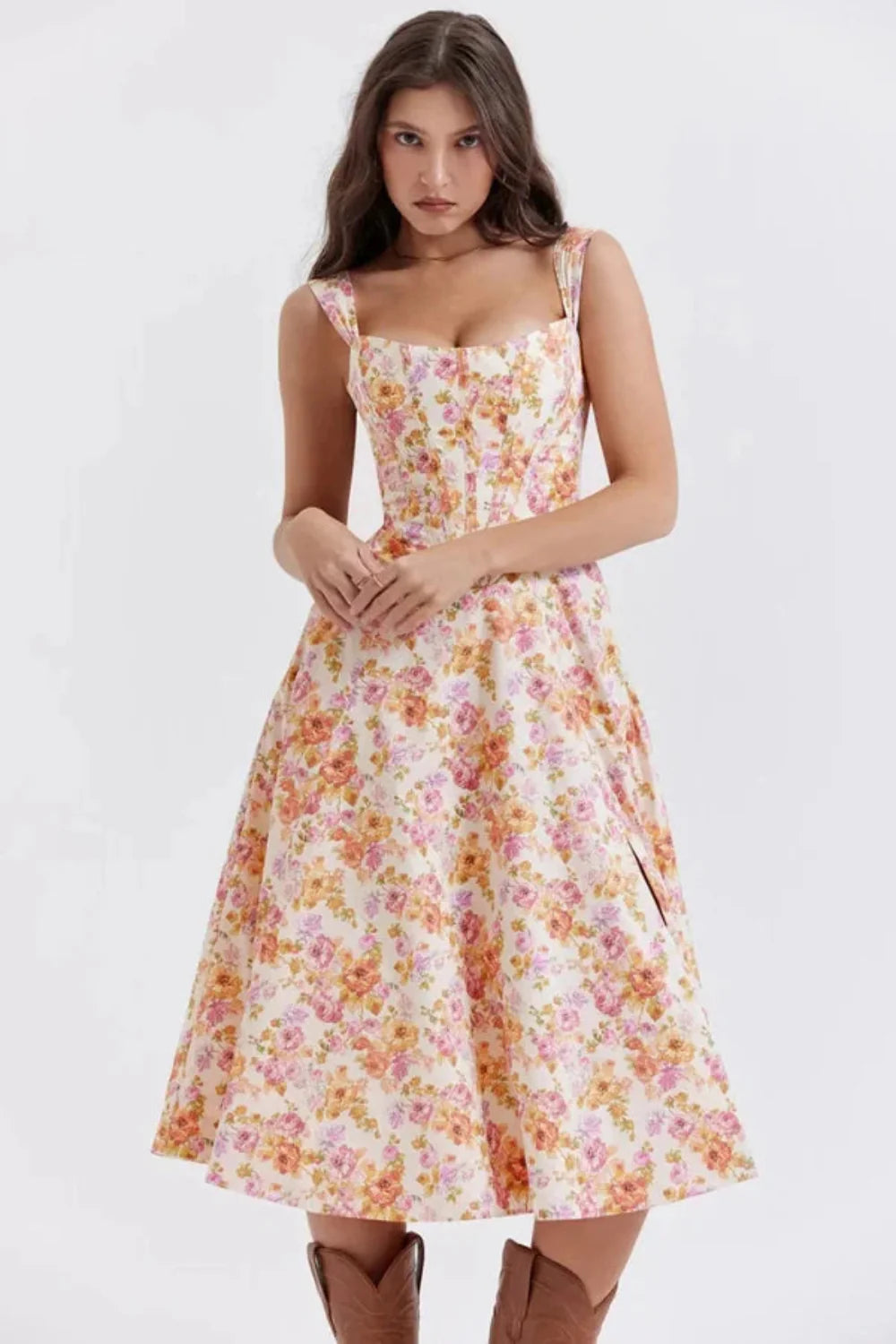 structured bodice, A-line skirt, wedding guest attire, garden party aesthetic, feminine silhouette, square neckline dress, dress with pockets, romantic floral print, cottagecore fashion
