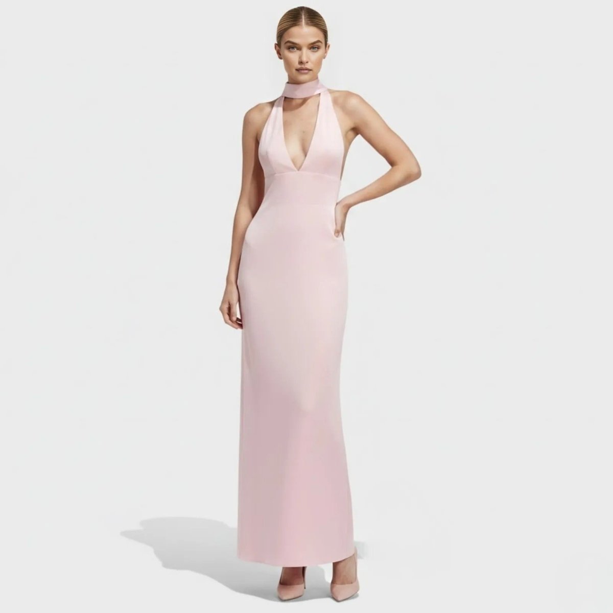 fashion halter dress Sharon Neck Gown Backless Maxi with Ties for Formal Evening Wedding Guest Black and Purple Dress model-daniela hook eye closure Color:Seamist
