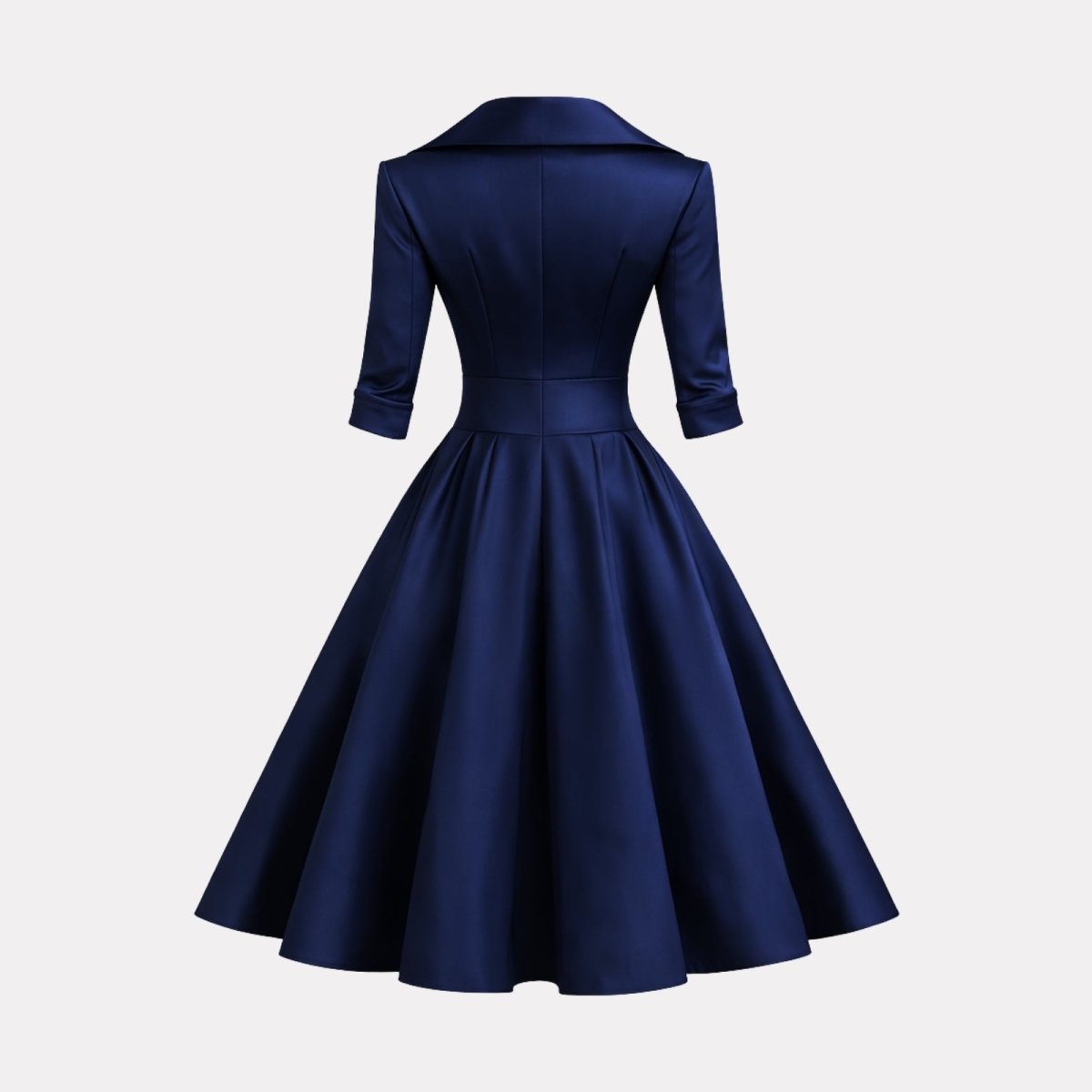 Rear view of the structured navy blue midi dress showing the back seam detailing and collar shape.