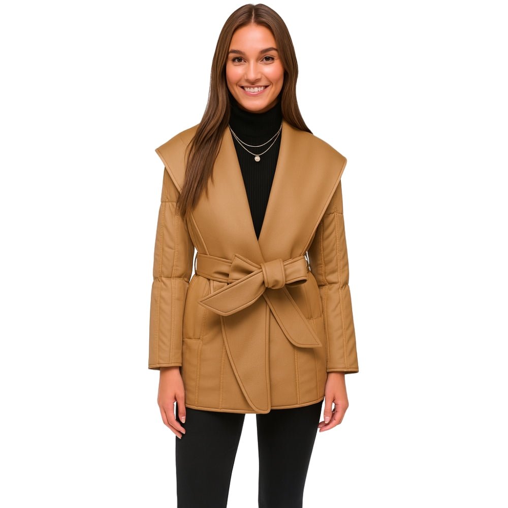 Woman wearing the Kouvr Fashion Sheila Wrap Coat in camel tan, tied at the waist, shown from the front