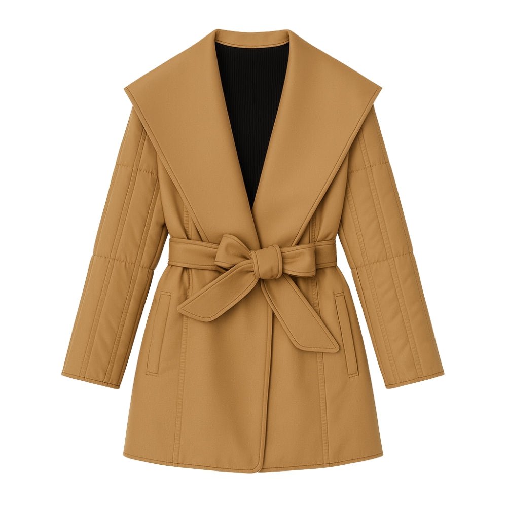 Woman wearing the Kouvr Fashion Sheila Wrap Coat in camel tan, tied at the waist, shown from the front zoom