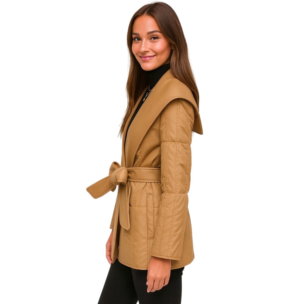 Woman wearing the Kouvr Fashion Sheila Wrap Coat in camel tan, tied at the waist, shown from the side
