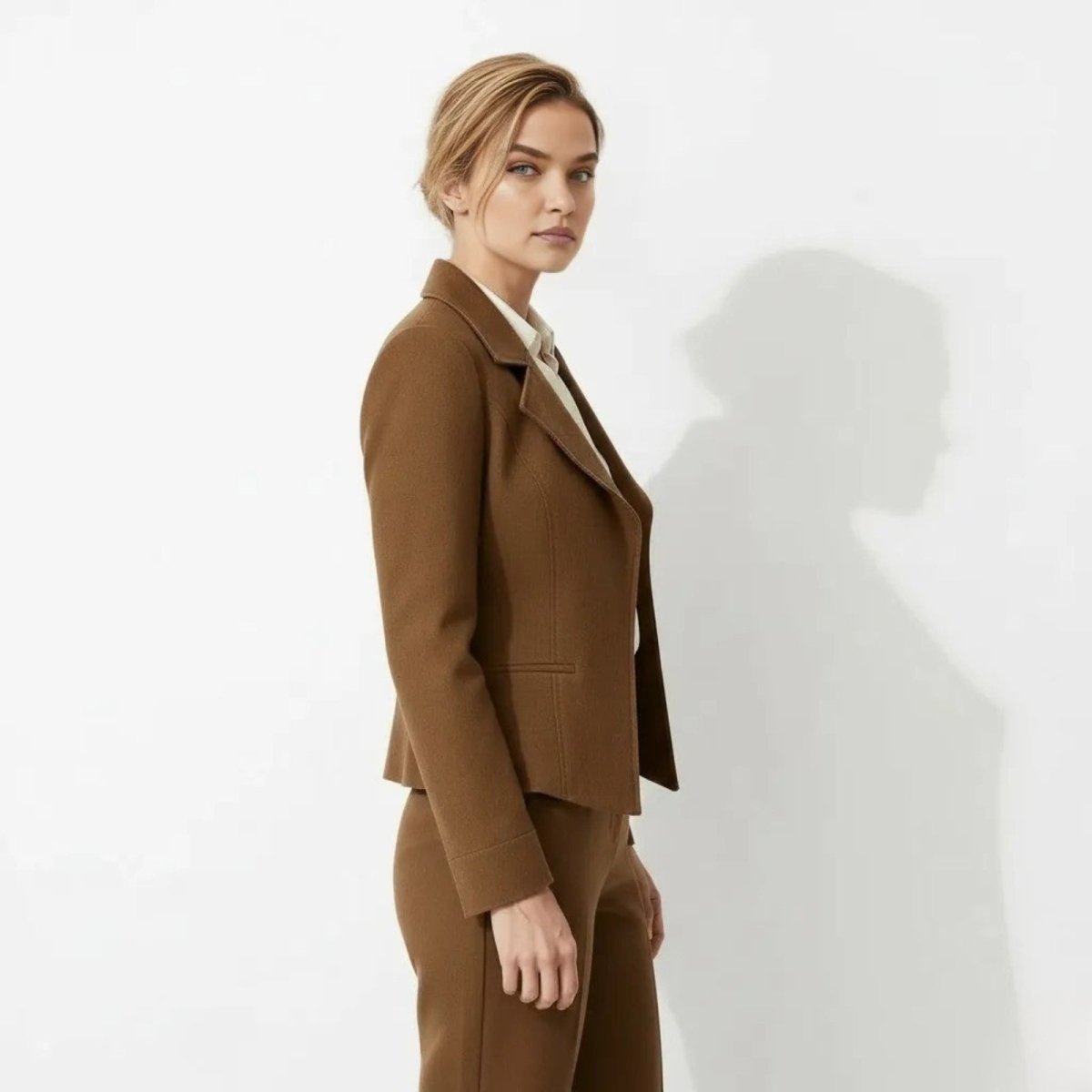 Side profile of a model in the Kouvr Fashion Signature Tailored Blazer in Espresso Brown, showcasing the structured fit and silhouette.