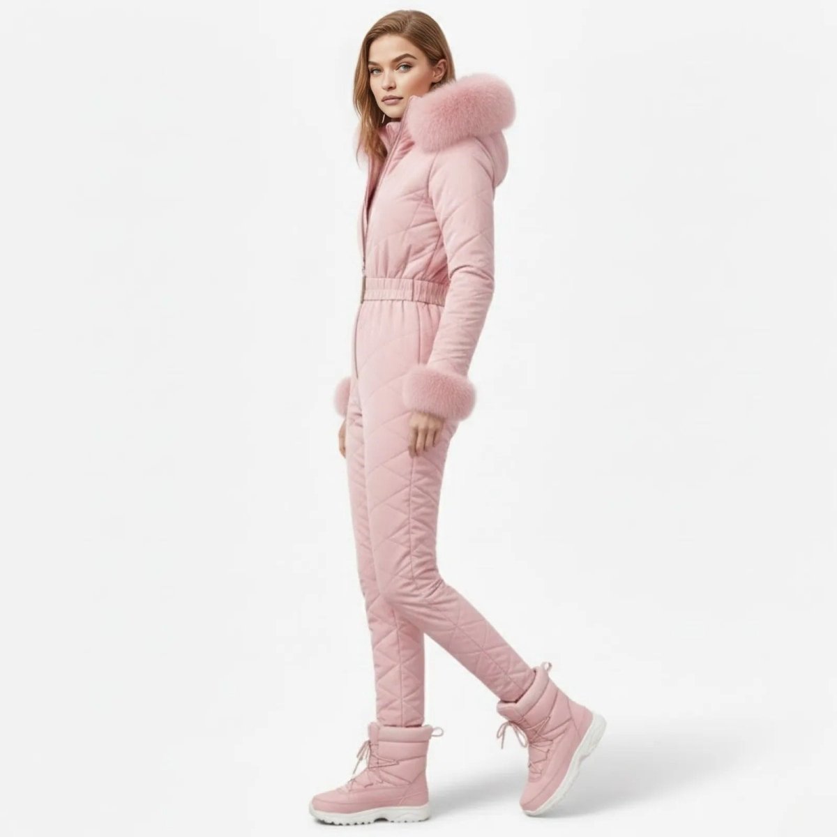 Side profile of a model walking in a fitted pink snowsuit by Kouvr Fashion, showcasing the slim fit and faux fur cuffs.