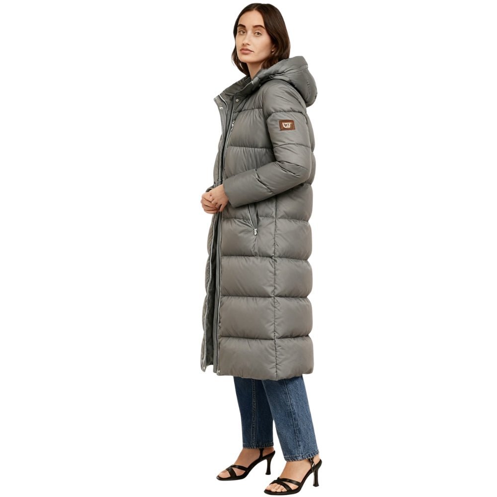 quilted outerwear," "thermal insulation," "cold weather essential," "winter parka," and "elegant down coat